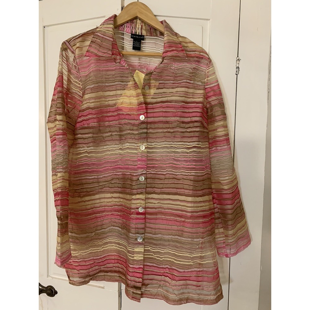 Citiknits Womens Large Pink Tan Striped Sheer Crinkle Button Up Blouse Pastel